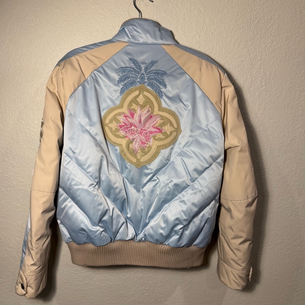 BOGNER Cream Blue Goose Down Floral Embroidered Zip Front Quilted Ski Jacket 10